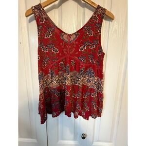 Angie Floral Paisley Boho Tiered Tank Top Women Small Red Crochet Lace V-Neck